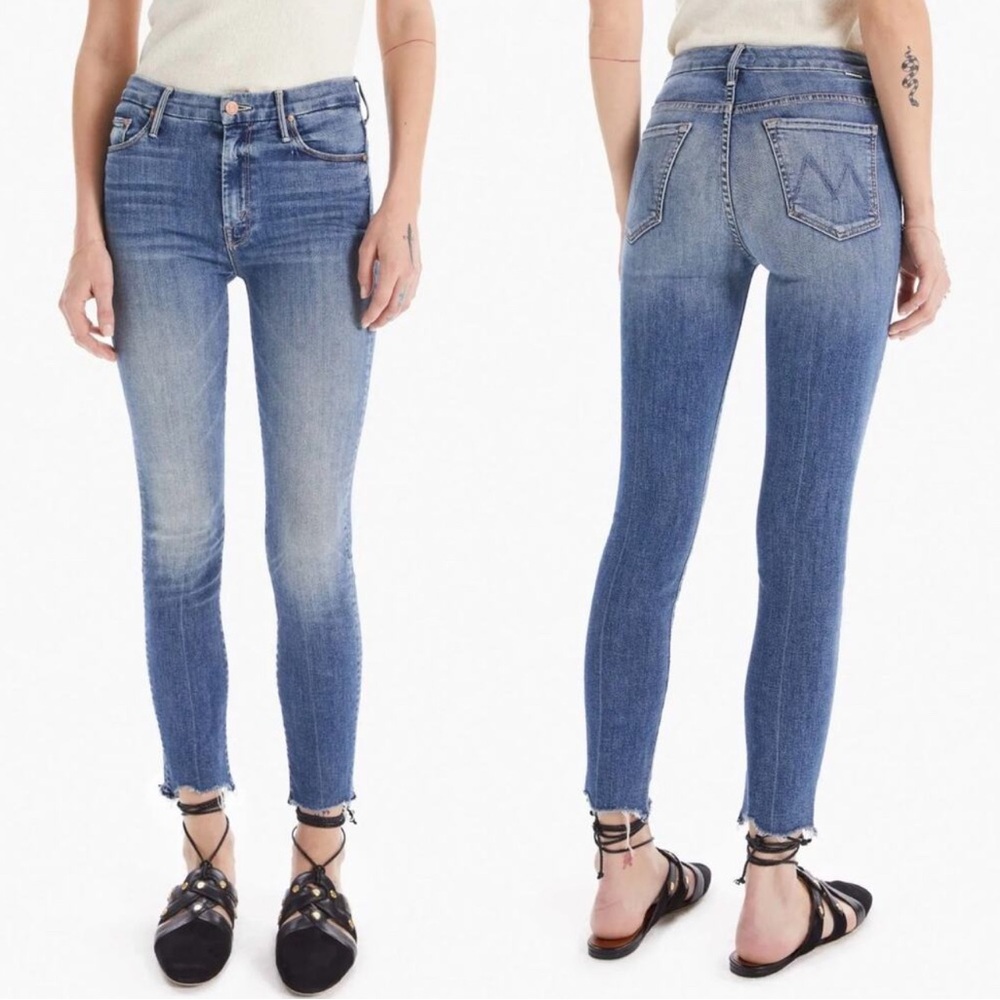 MOTHER Blue Skinny Jeans high-Rise Soft Denim (high waisted looker ankle fray)